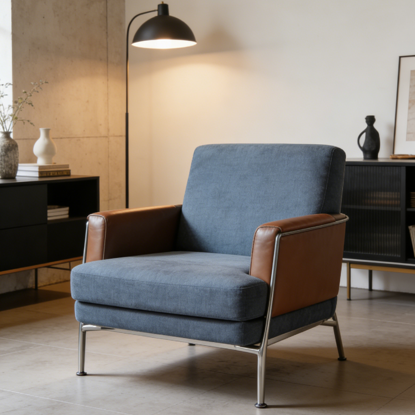 Blue Fabric & Brown Leather Accent Chair - Modern Armchair with Stainless Steel Frame for Living Room