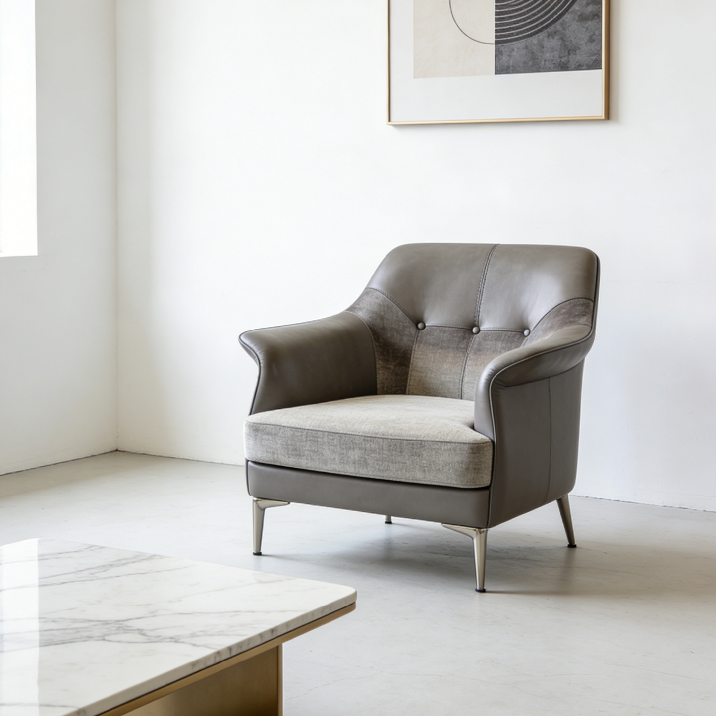 Button-Tufted Leather & Fabric Accent Chair - Dark Grey Modern Armchair with Metal Legs