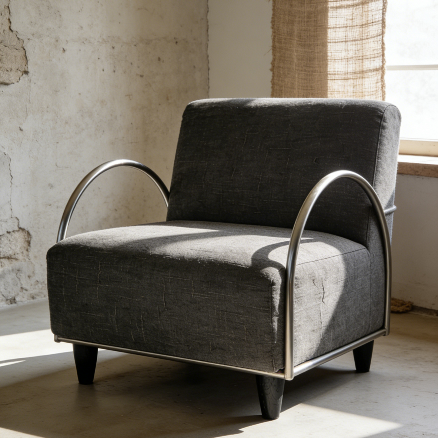 Minimalist Metal Frame Fabric Accent Chair - Dark Grey Linen Armchair with Curved Armrests for Bedroom