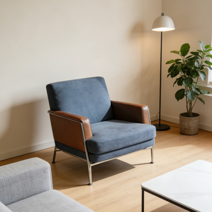 Blue Fabric & Brown Leather Accent Chair - Modern Armchair with Stainless Steel Frame for Living Room