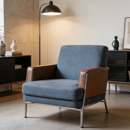 Blue Fabric & Brown Leather Accent Chair - Modern Armchair with Stainless Steel Frame for Living Room