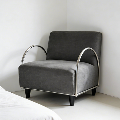 Minimalist Metal Frame Fabric Accent Chair - Dark Grey Linen Armchair with Curved Armrests for Bedroom