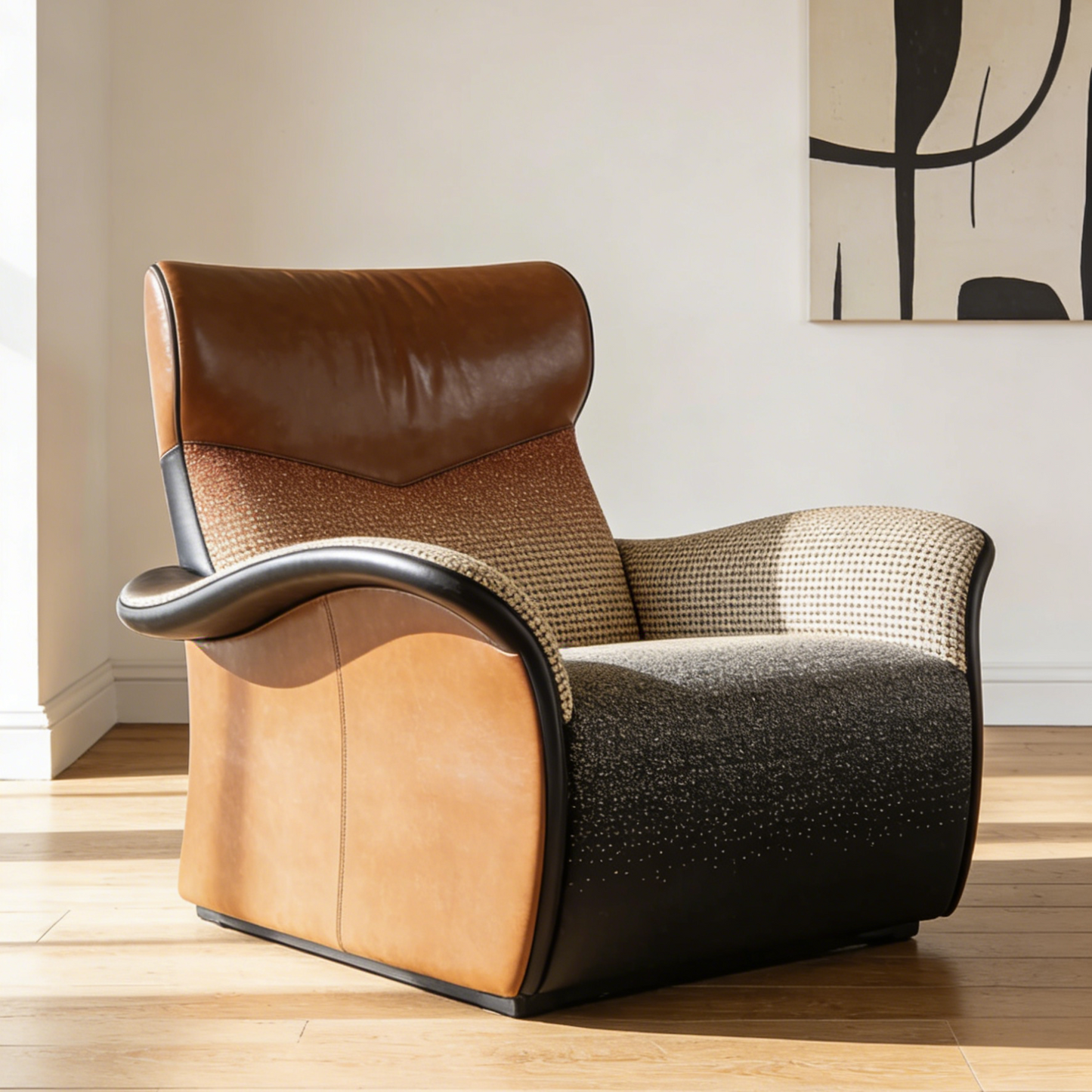 Gradient Houndstooth & Leather Accent Chair - Brown & Black Fabric Armchair for Modern Living Room