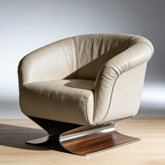 Floating Curved Leather Accent Chair - Beige Top-Grain Leather Armchair with Cantilever Wood & Metal Base