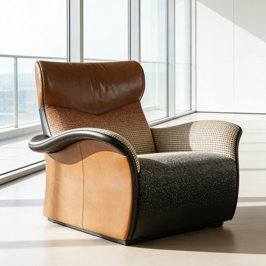 Gradient Houndstooth & Leather Accent Chair - Brown & Black Fabric Armchair for Modern Living Room