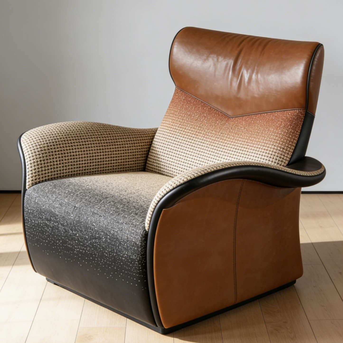 Gradient Houndstooth & Leather Accent Chair - Brown & Black Fabric Armchair for Modern Living Room