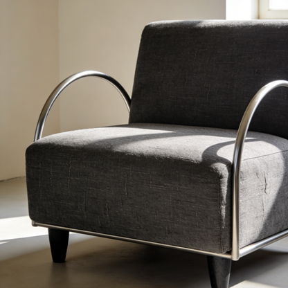 Minimalist Metal Frame Fabric Accent Chair - Dark Grey Linen Armchair with Curved Armrests for Bedroom