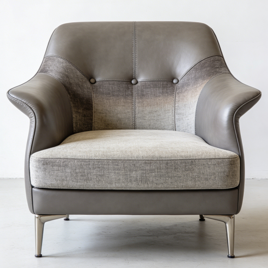 Button-Tufted Leather & Fabric Accent Chair - Dark Grey Modern Armchair with Metal Legs