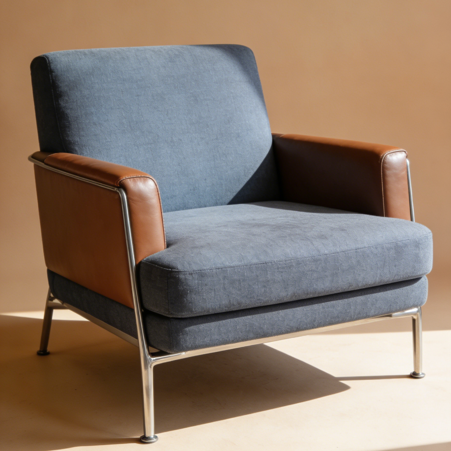 Blue Fabric & Brown Leather Accent Chair - Modern Armchair with Stainless Steel Frame for Living Room