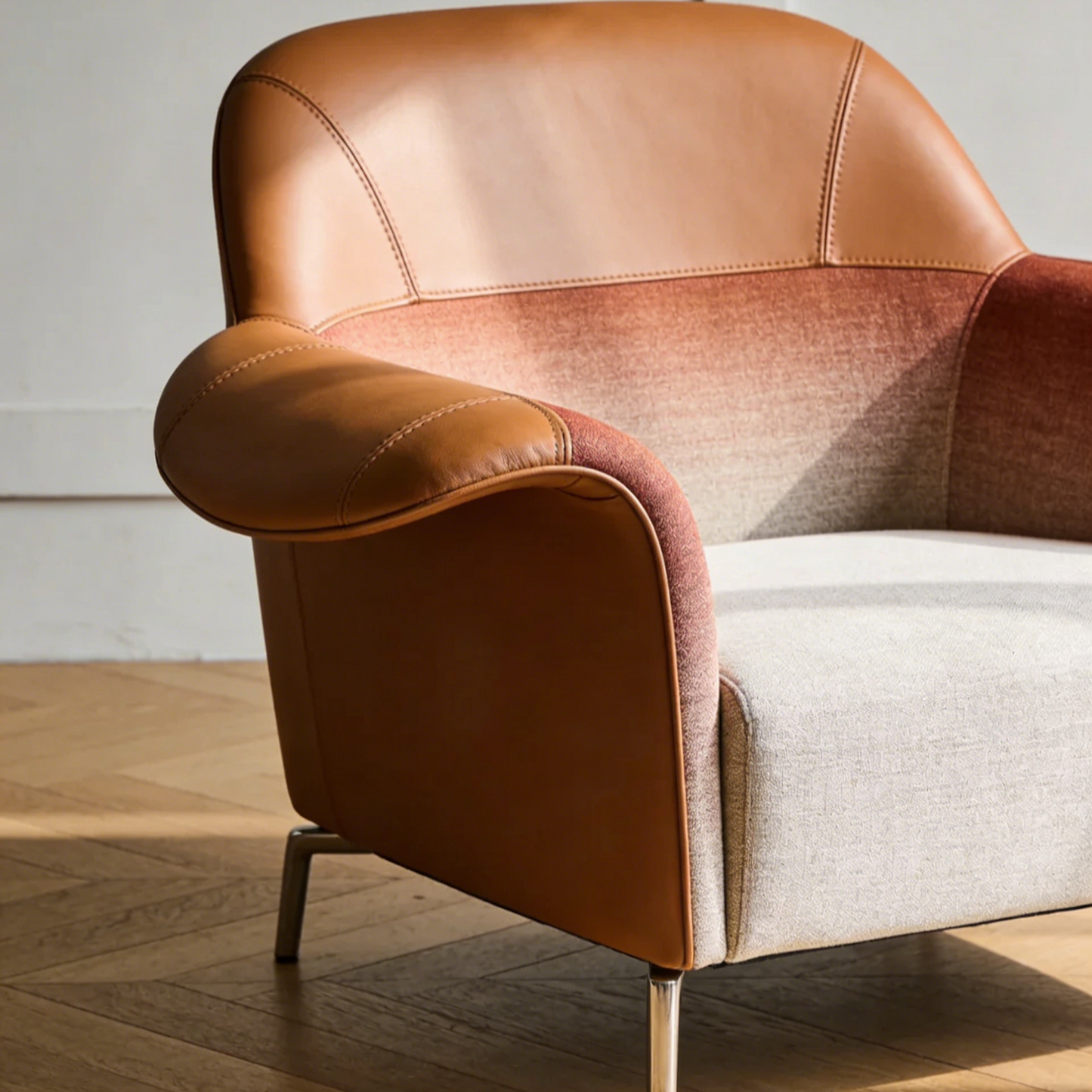 Two-Tone Gradient Leather Accent Chair - Tan & Beige Fabric Armchair for Modern Living Room