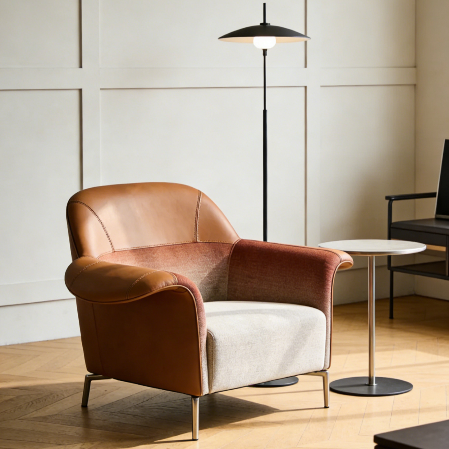 Two-Tone Gradient Leather Accent Chair - Tan & Beige Fabric Armchair for Modern Living Room